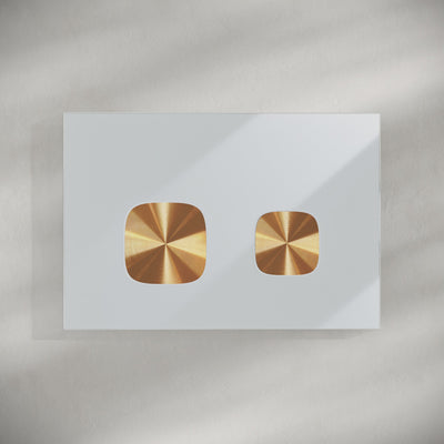 Verre Wall Mount Dual Flush Glass Actuator Plate in Glossy White with Copper Flush Buttons