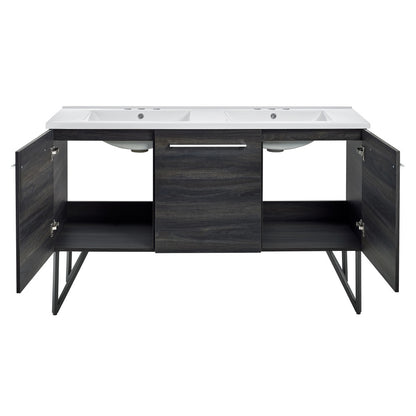 Annecy 60 in. Black Walnut, Double Basin Bathroom Vanity With White, 3-Hole Artificial Stone Sink Top