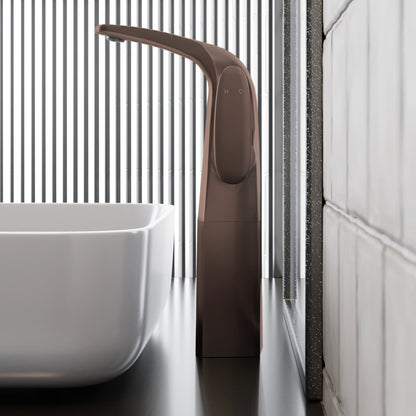 Single-handle high arc bathroom faucet in oil rubbed bronze, modern Chateau design.