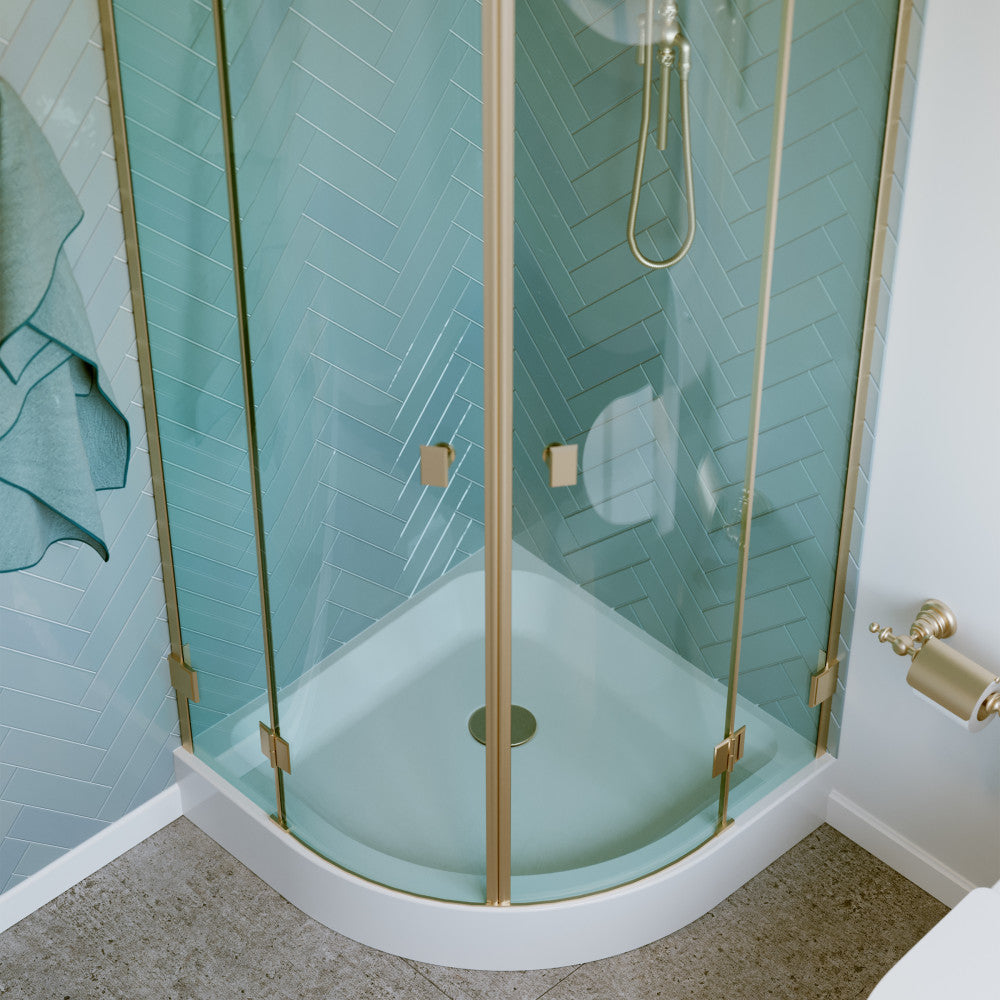 32" x 32" white acrylic neo-angle shower base with single threshold and center drain.