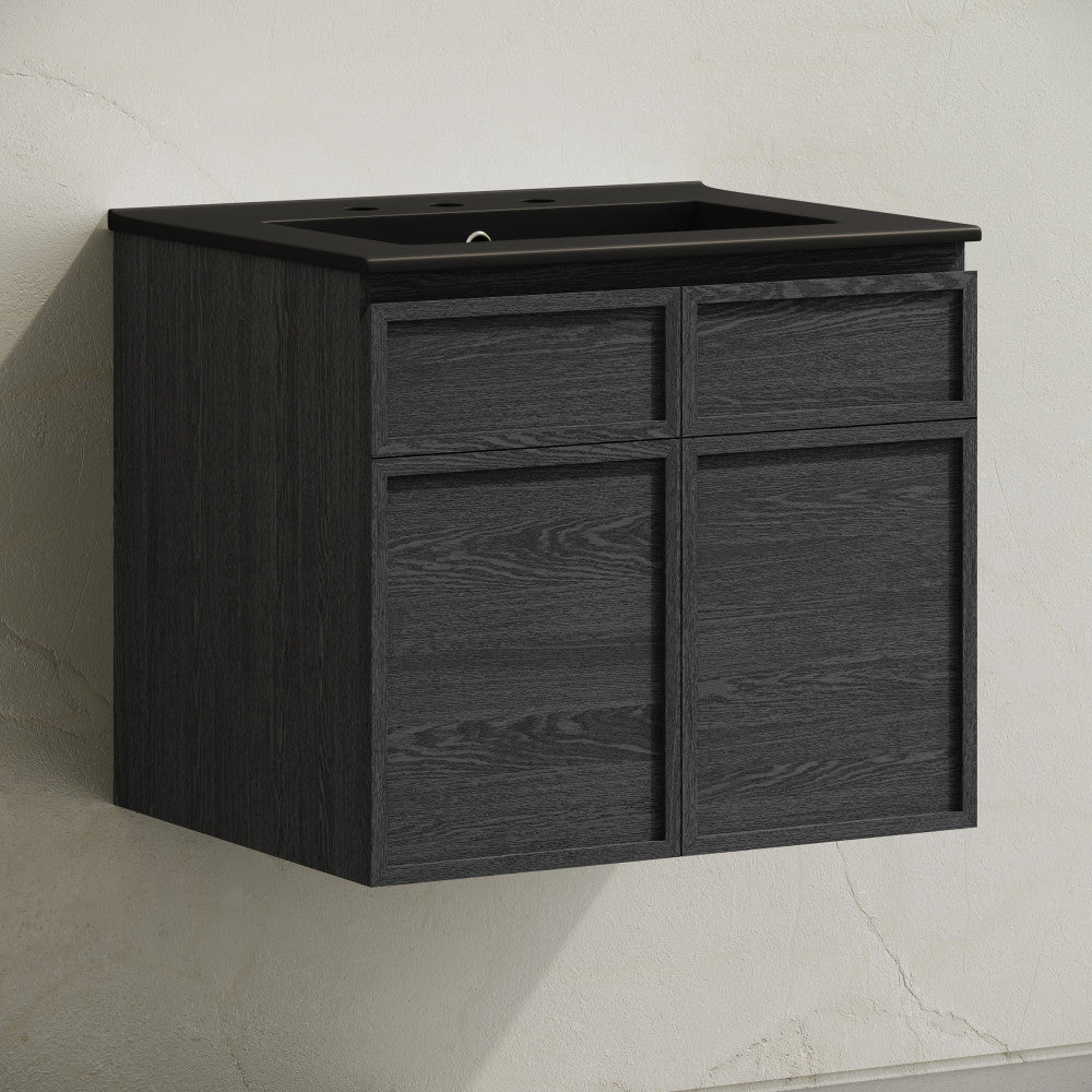 St. Tropez 24" Wall-Mounted Bathroom Vanity in Black Oak with Black 3-Hole Widespread Sink Top