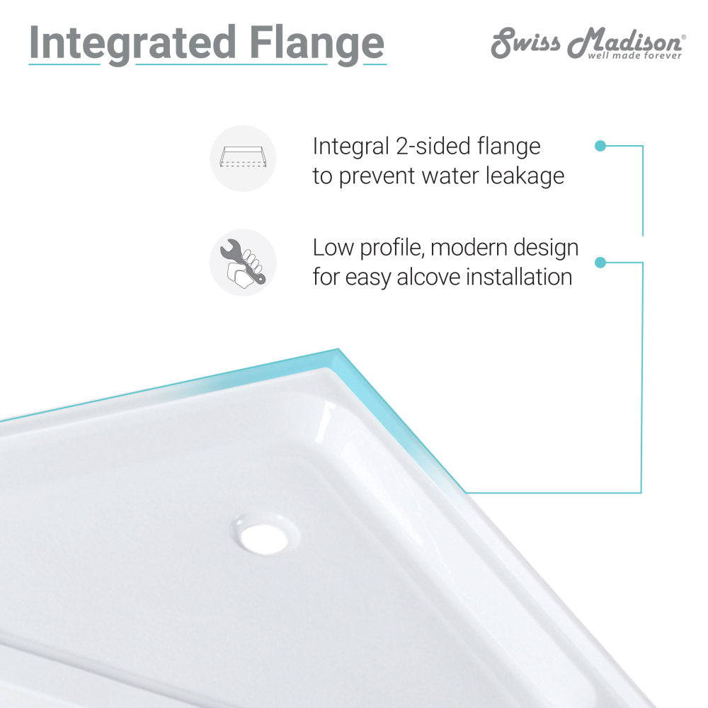 Neo-angle white acrylic shower base 42x42 inches with center drain and single threshold design.