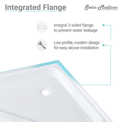 Neo-angle white acrylic shower base 42x42 inches with center drain and single threshold design.