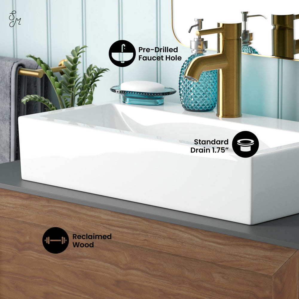 36-inch freestanding walnut reclaimed wood vanity with slate countertop and single hole vessel sink.