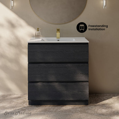 Liberte 30" Freestanding Bathroom Vanity in Black Oak with Sink Top