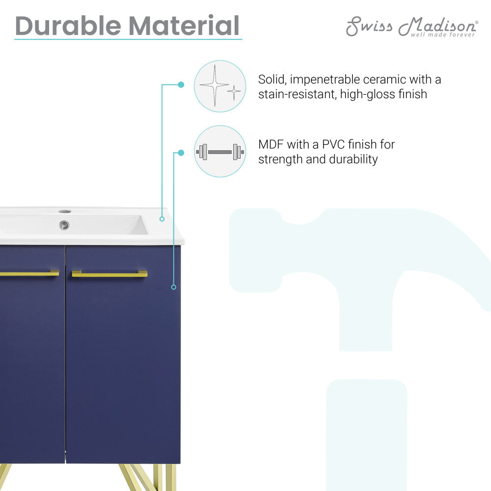 24-inch freestanding navy blue bathroom vanity with sink top, soft-close doors, and gold hardware.