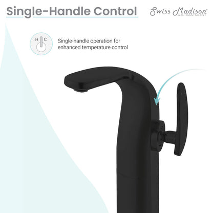 Single-handle bathroom faucet in matte black with high arc spout and lever handle.