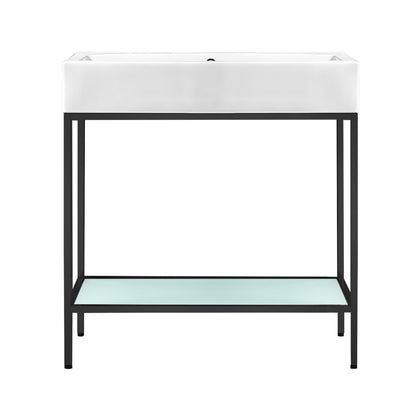 32-inch freestanding bathroom vanity with black metal open shelf frame and white sink top.