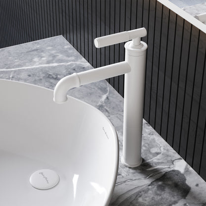 Single-handle high arc bathroom faucet in matte white, sleek single hole design.