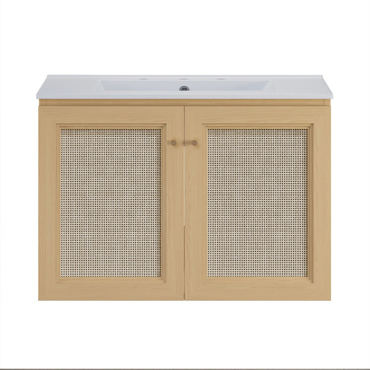 Classe 30" Wall-Mounted Bathroom Vanity in Natural Oak with Widespread Faucet Holes Vanity Top
