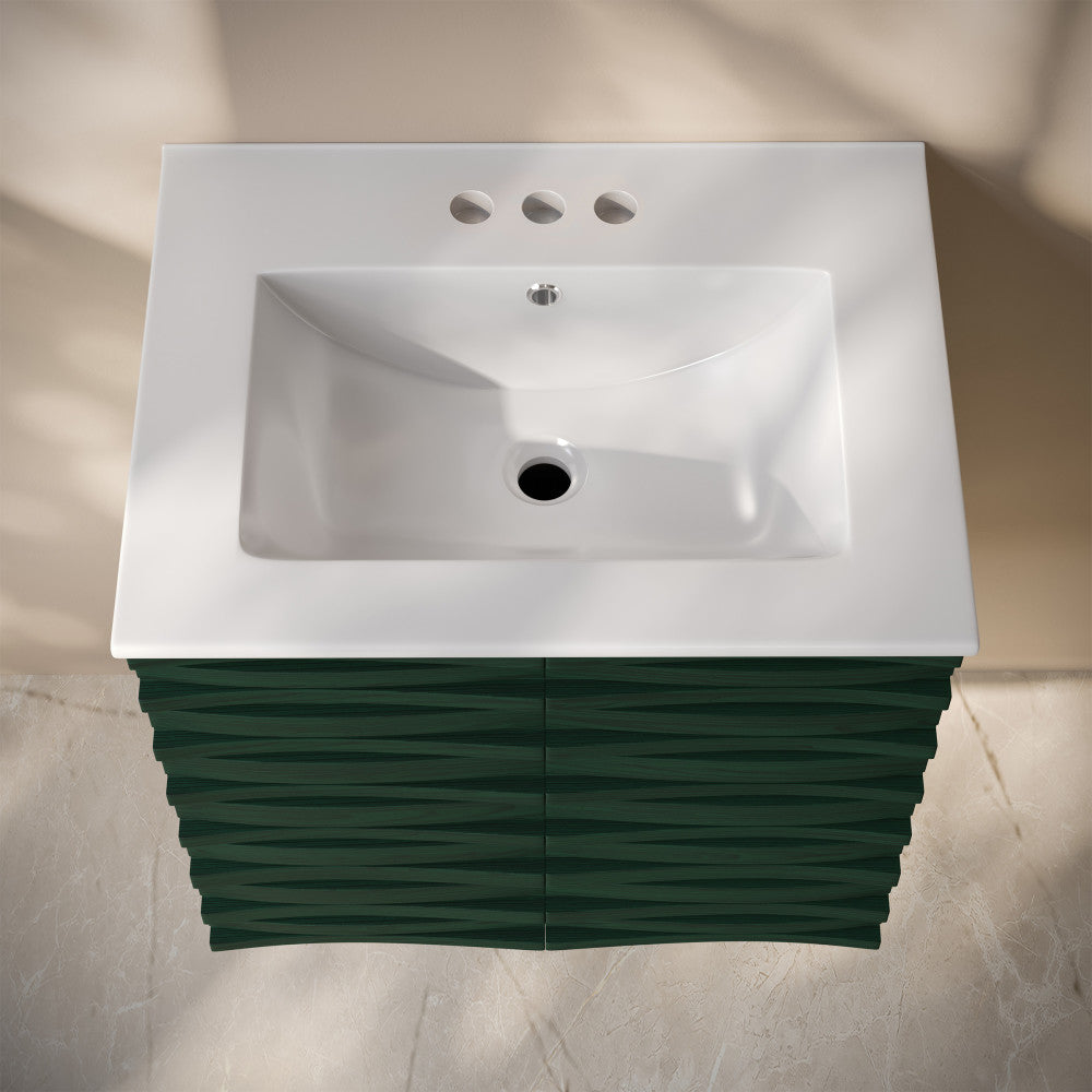 Cascade 24" Wall-Mounted Bathroom Vanity in Green Oak with 3-Hole Centerset Sink Top