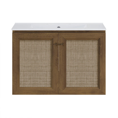 Classe 30" Wall-Mounted Bathroom Vanity in Brown Oak with Widespread Faucet Holes Vanity Top