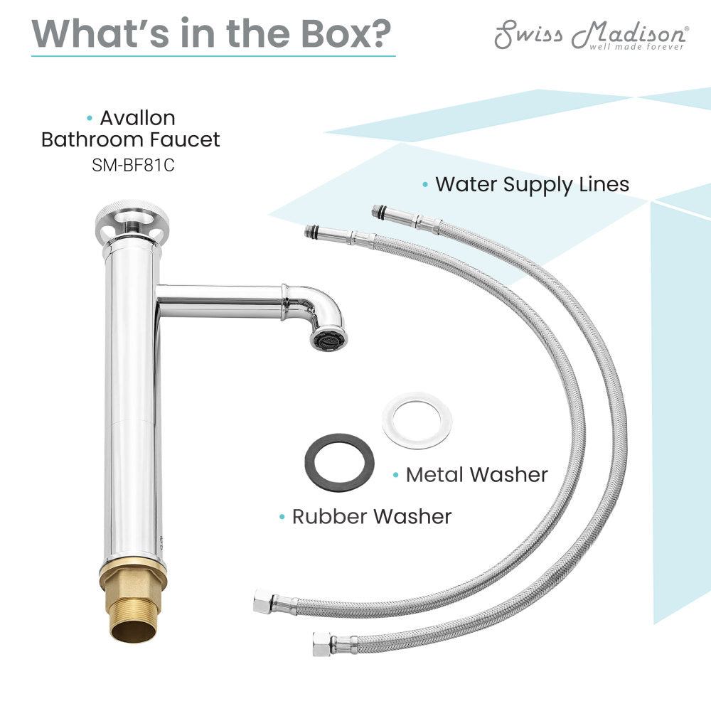 Single-handle high arc bathroom faucet in chrome with wheel handle and water supply lines included.