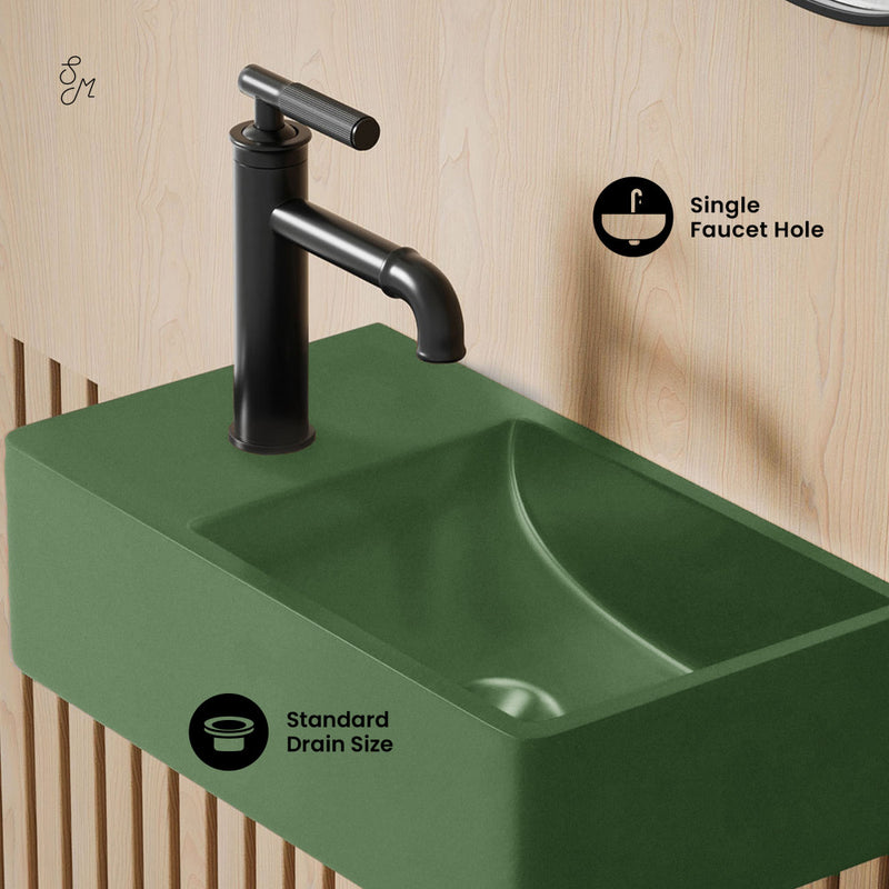 Lisse 16" Concrete Rectangle Wall-Mounted Sink with Left Side Faucet Mount in Matte Royal Green