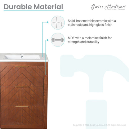 24-inch freestanding bathroom vanity in brown oak, single sink, soft-close doors with chevron pattern.