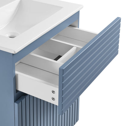 24-inch freestanding blue heather bathroom vanity with single sink and soft-close drawers.