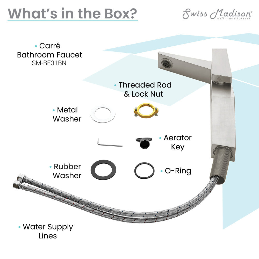 Single-handle high arc bathroom faucet in brushed nickel with threaded rod and water supply lines.