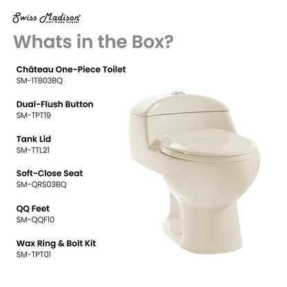 Elongated one-piece dual-flush toilet in bisque with soft-close seat and compact design.