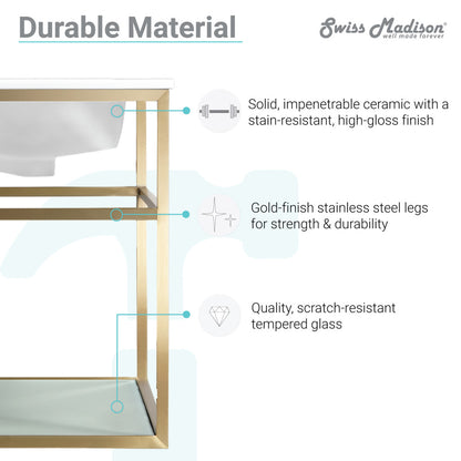 30-inch wall-mount bathroom vanity with gold metal frame, single sink, and open glass shelf.