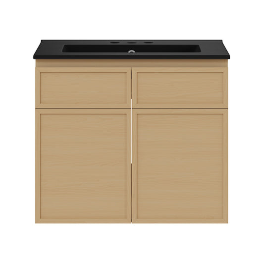 St. Tropez 24" Wall-Mounted Bathroom Vanity in Natural Oak with Black 3-Hole Widespread Sink Top