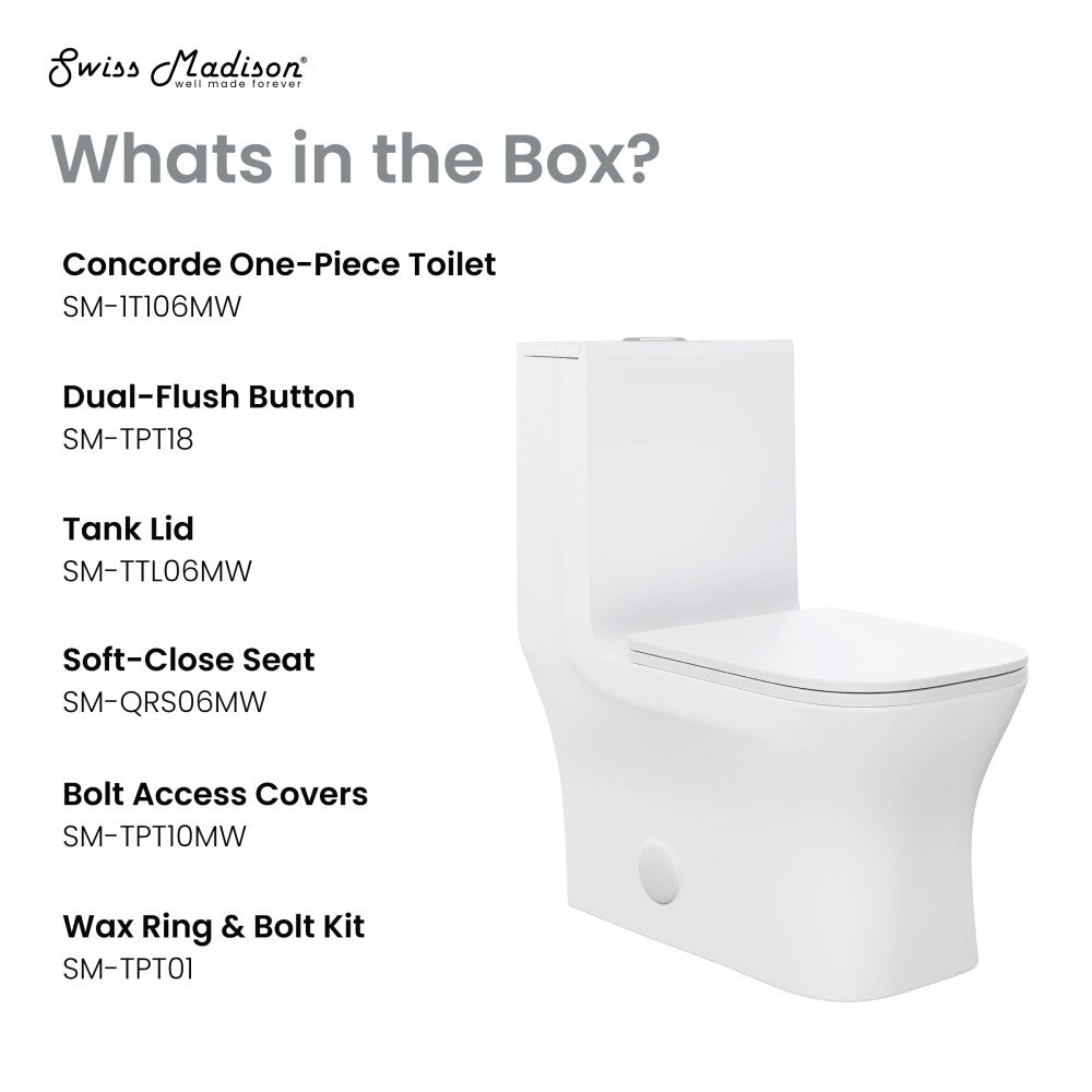Elongated one-piece toilet in matte white, dual flush, soft-close seat.