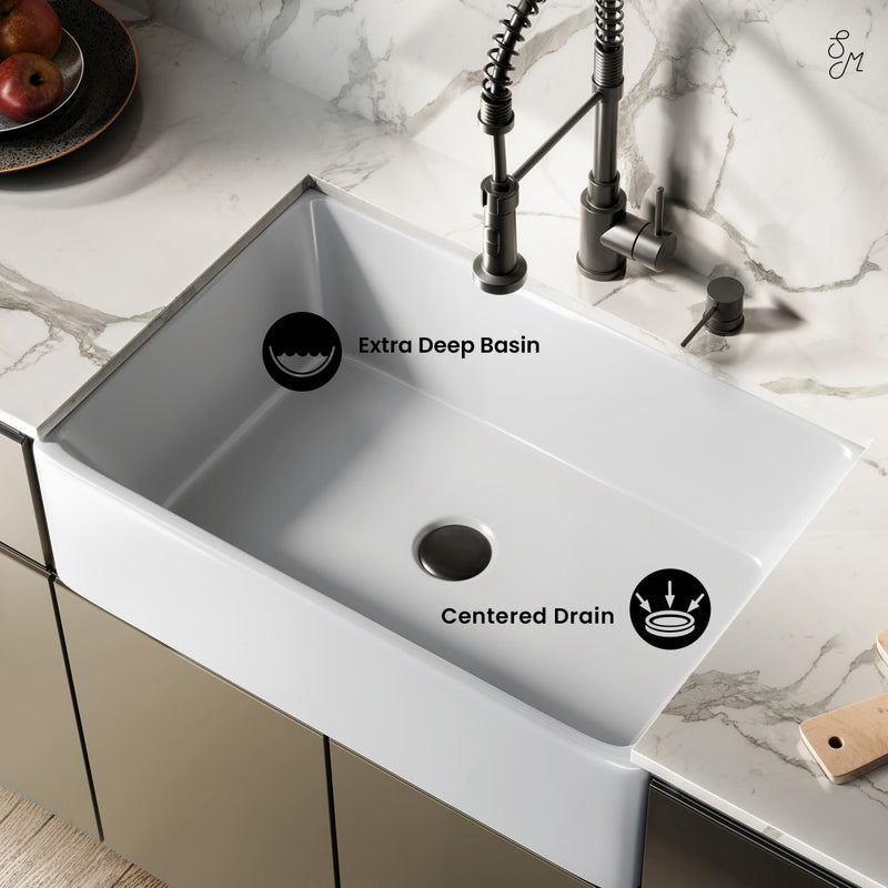 Elegance 30" x 20" Single Basin Fireclay Farmhouse Kitchen Sink in Glossy White with Stainless Steel Grid