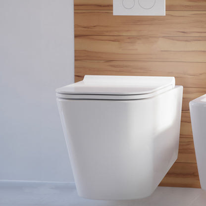 Wall-hung square toilet bowl with smooth edges and soft-close seat against wood panel wall.