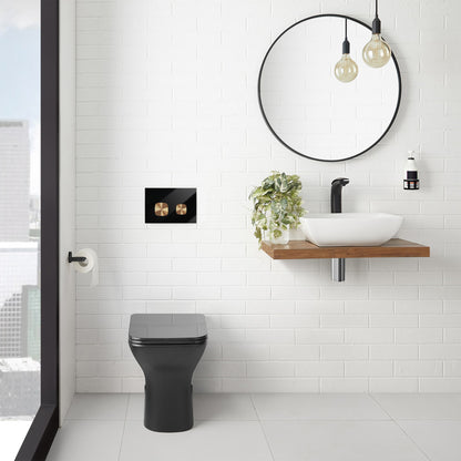 Verre Wall Mount Dual Flush Glass Actuator Plate in Glossy Black with Copper Flush Buttons