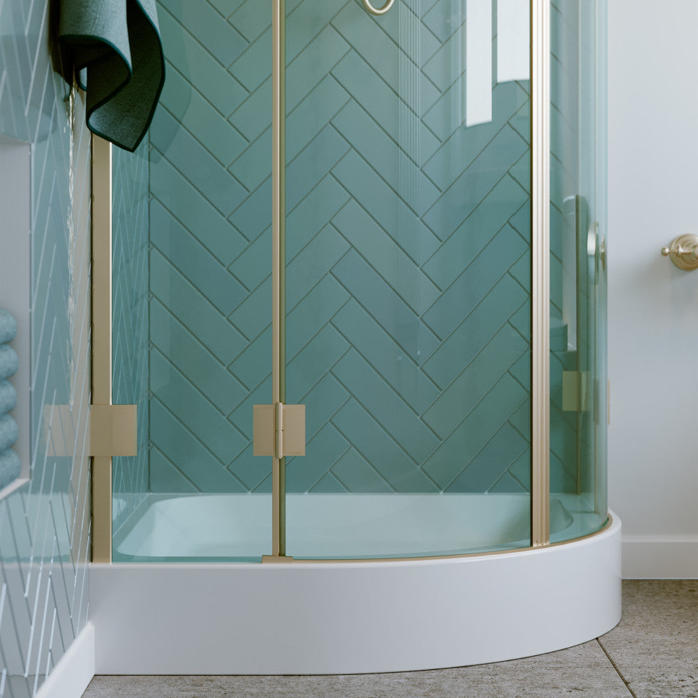 Neo-angle white acrylic shower base 32x32 inch with single threshold and center drain.