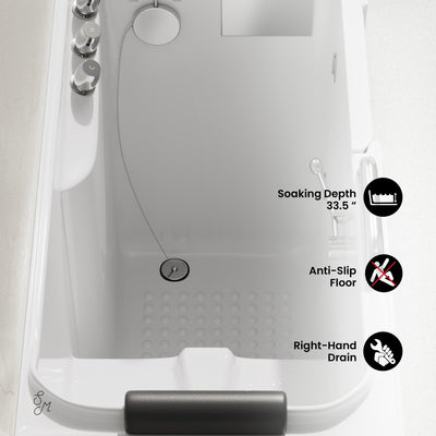 Auvergne 53" x 27" ADA Right Drain Walk-in Soaking Bathtub in Glossy White, Faucet Set, Drain, Grab Bars, Pillow Included