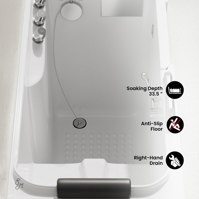 Auvergne 53" x 27" ADA Right Drain Walk-in Soaking Bathtub in Glossy White, Faucet Set, Drain, Grab Bars, Pillow Included