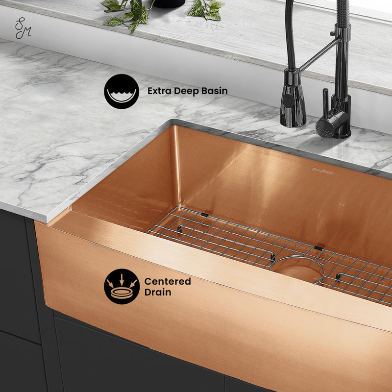 Rivage 33 x 21 Stainless Steel, Single Basin, Farmhouse Kitchen Sink with Apron in Rose Gold