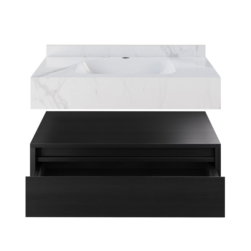 Avancer 36" Wall-Mounted Bathroom Vanity in Black Oak with White Marble Sink Top