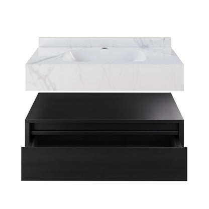 Avancer 36" Wall-Mounted Bathroom Vanity in Black Oak with White Marble Sink Top