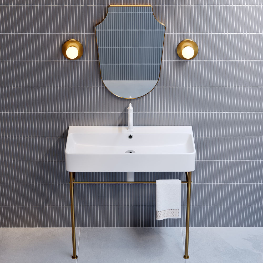 Carre 36 Ceramic Console Sink White Basin Brushed Gold Legs