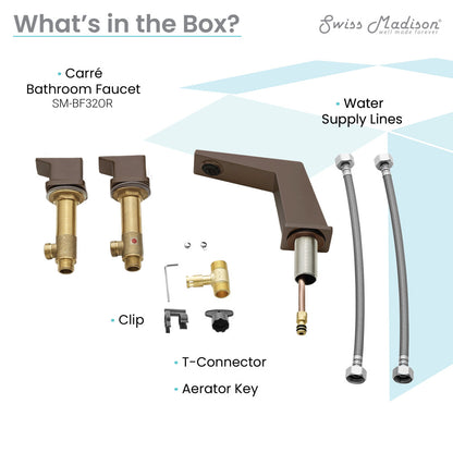 Widespread bathroom faucet in oil rubbed bronze, 2-handle design with water supply lines and mounting hardware.