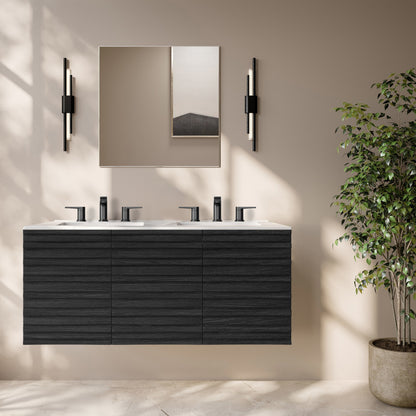 Cascade 48" Wall-Mounted Bathroom Vanity in Black Oak with 3-Hole Widespread Double Basin Sink Top