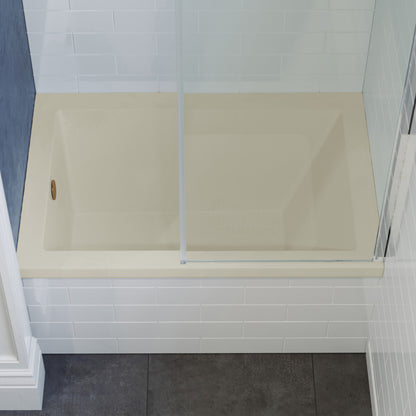 Alcove soaking bathtub 48 x 32 inch in bisque with left-hand drain and clear glass shower door.