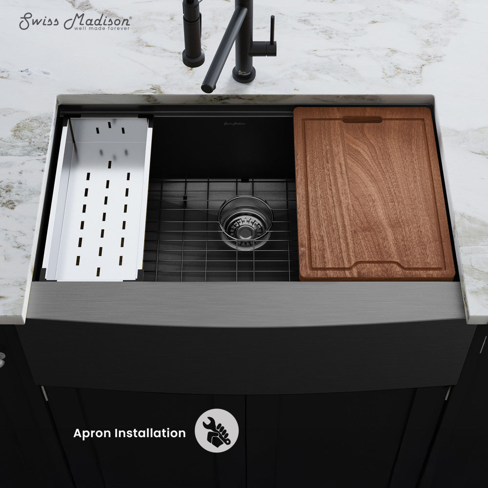 Tourner 33 x 22 Stainless Steel, Single Basin, Farmhouse Kitchen Workstation Sink with Apron in Black