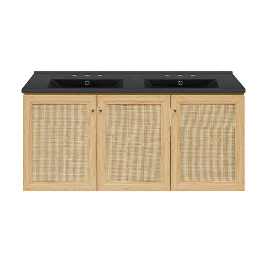 Classe 48" Wall-Mounted Bathroom Vanity in Natural Oak with Black 3-Hole Centerset Double Basin Sink Top