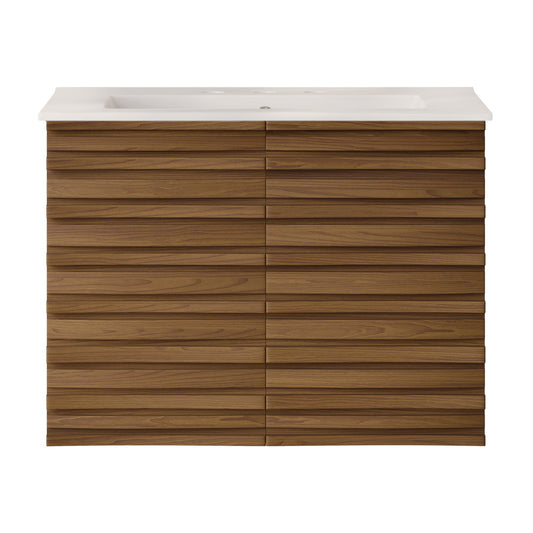Cascade 30" Wall-Mounted Bathroom Vanity in Brown Oak with 3-Hole Widespread Sink Top