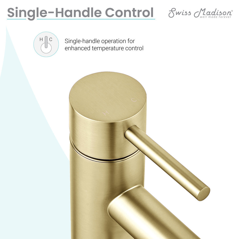 Single-handle bathroom faucet in brushed gold, smooth cylindrical design with lever handle.