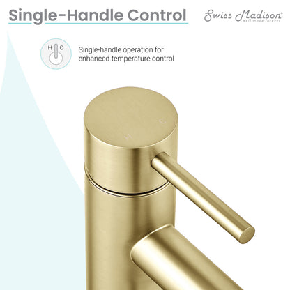 Single-handle bathroom faucet in brushed gold, smooth cylindrical design with lever handle.