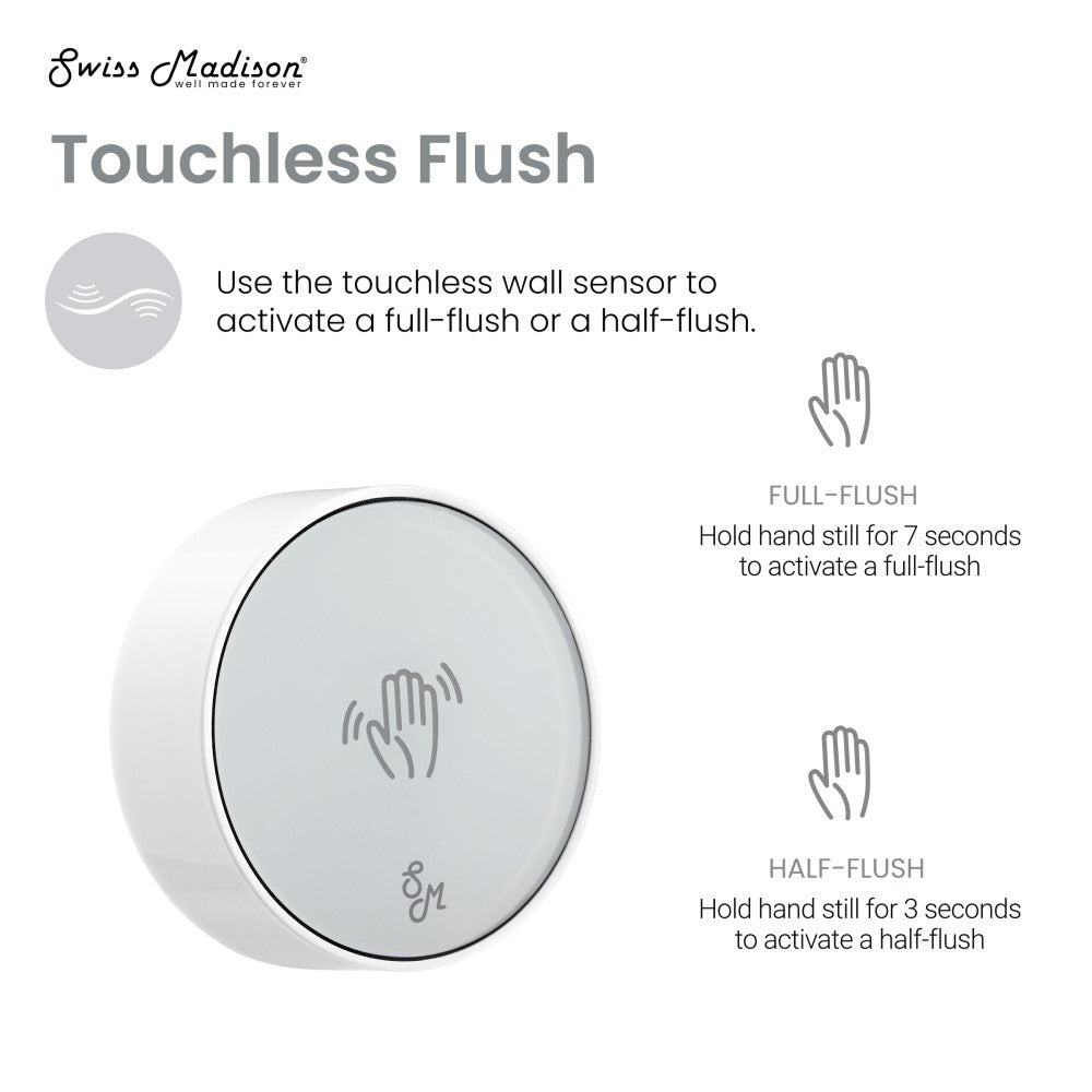 Round touchless flush button in white, dual flush control, wall-mounted design.