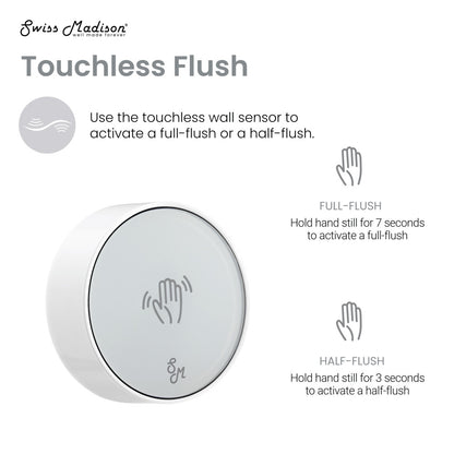 Round touchless flush button in white, dual flush control, wall-mounted design.