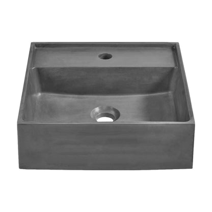 16" square concrete vessel bathroom sink in dark grey with single faucet hole and drain.