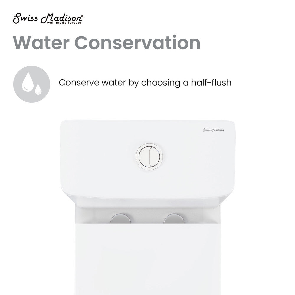 One-piece square toilet in matte white, dual flush with top push button.