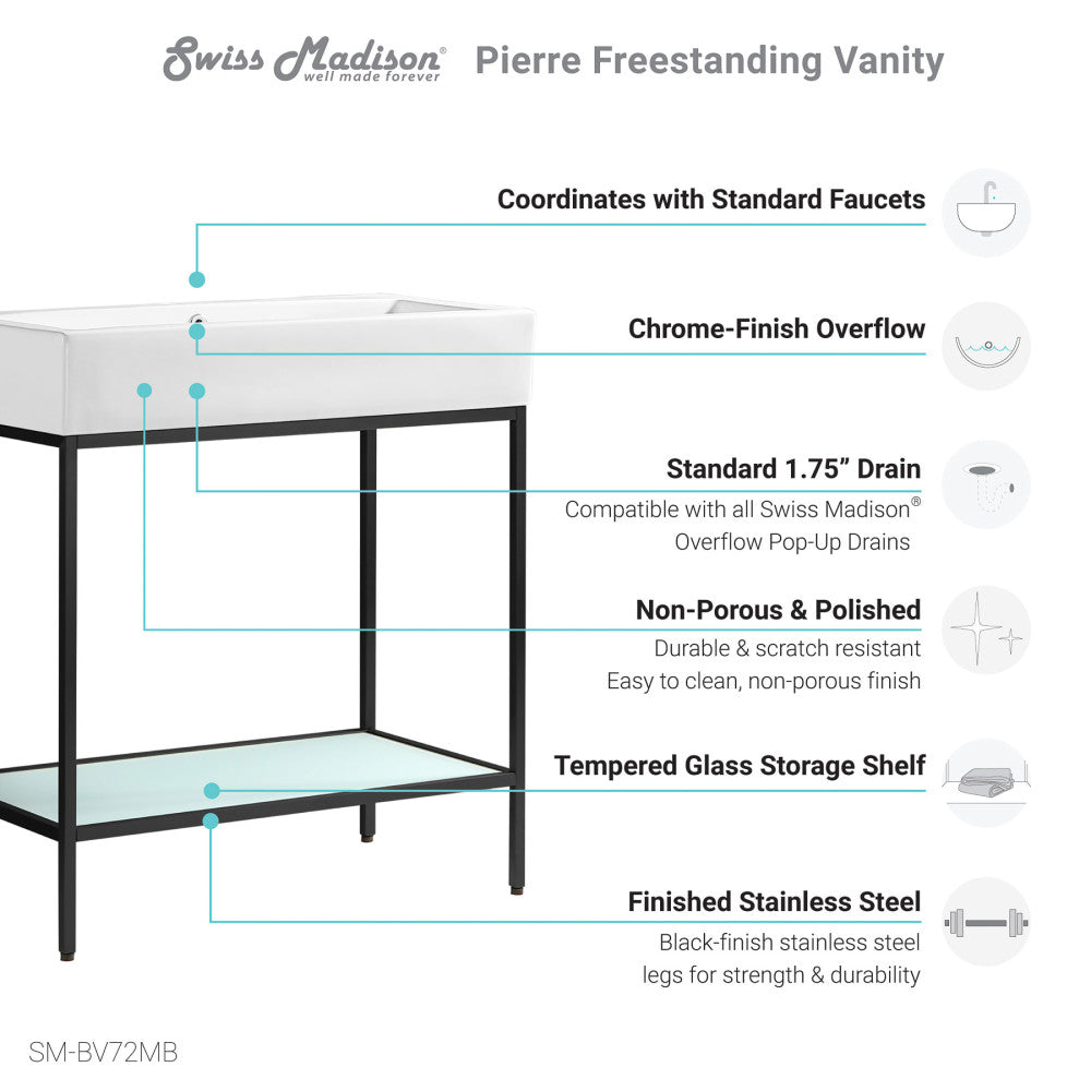 32-inch freestanding bathroom vanity with black metal frame, open tempered glass shelf, and white sink top.