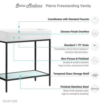 32-inch freestanding bathroom vanity with black metal frame, open tempered glass shelf, and white sink top.