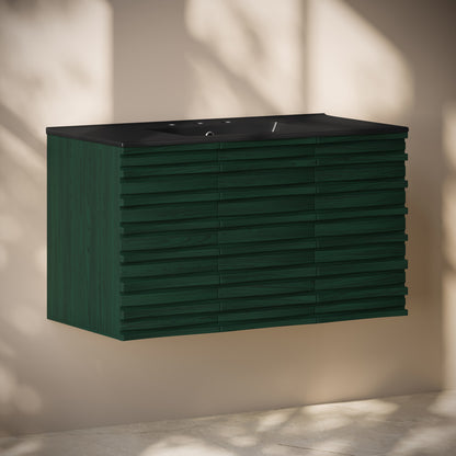 Cascade 36" Wall-Mounted Bathroom Vanity in Green Oak with Black 3-Hole Widespread Sink Top